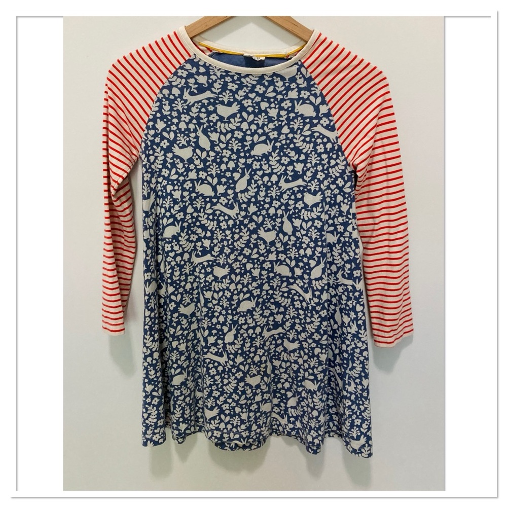 Mini Boden Striped Animal Print Dress Long Sleeve Red Blue Size 9-10Y